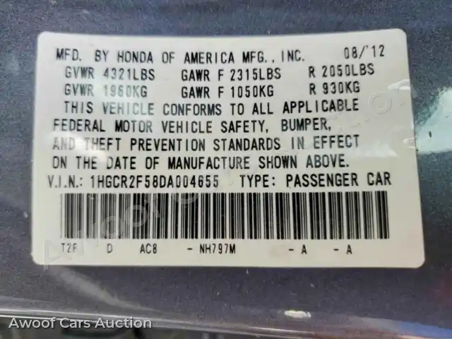 2013 Honda Accord 1HGCR2F58DA004655 — hoton gwanjo Copart na 12