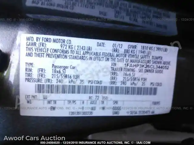 2012 Ford Focus 1FAHP3K26CL344052 — hoton gwanjo Iaai na 9