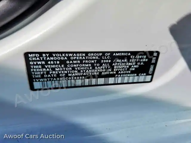 2016 Volkswagen Passat 1VWBT7A33GC013333 — Copart auction photo 13