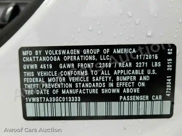 2016 Volkswagen Passat 1VWBT7A33GC013333 — Manheim auction photo 15