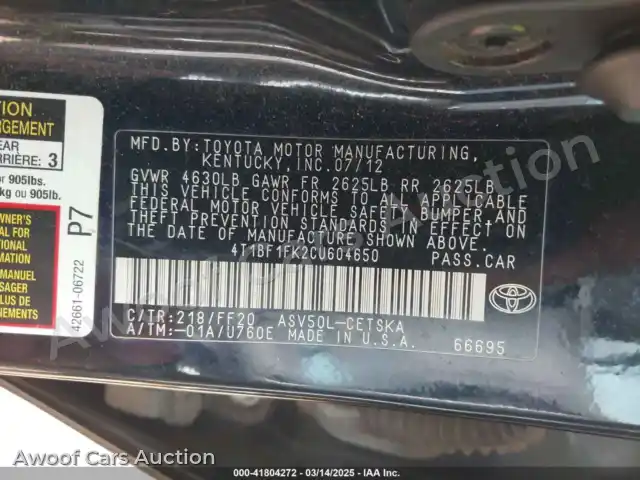 2012 Toyota Camry 4T1BF1FK2CU604650 — Iaai auction photo 9