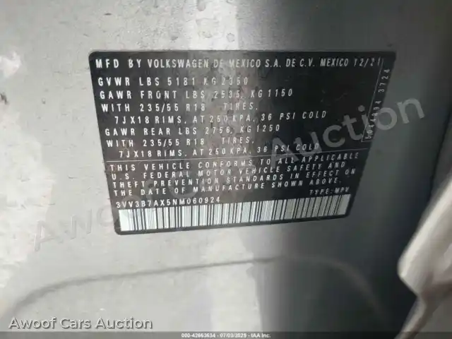 2022 Volkswagen Tiguan 3VV3B7AX5NM060924 — photo 9 de la vente Iaai