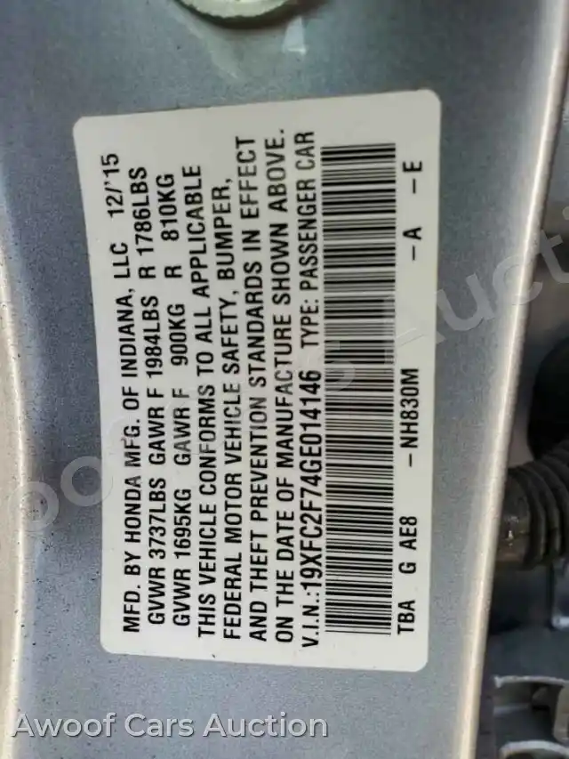 2016 Honda Civic 19XFC2F74GE014146 — Copart auction photo 12