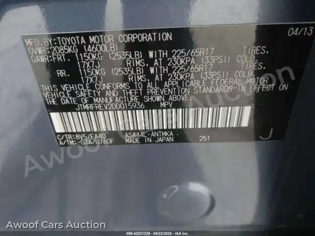 2013 Toyota RAV4 JTMRFREV2DD015936 — Iaai auction photo 9