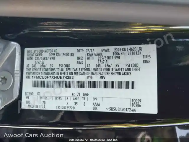 2017 Ford Escape 1FMCU0F7XHUE74382 — Iaai auction photo 9