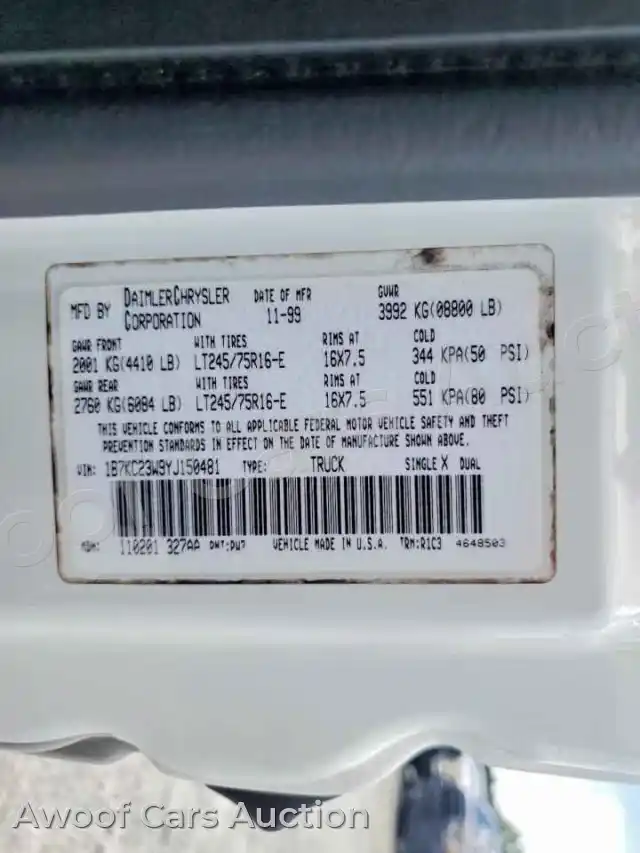 2000 Dodg RAM 2500 1B7KC23W9YJ150481 — Copart auction photo 13