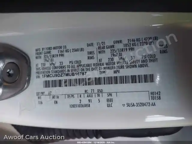 2021 Ford Escape 1FMCU9DZ7MUB16787 — Iaai auction photo 9