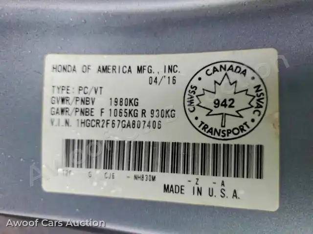 2016 Honda Accord 1HGCR2F67GA807406 — Copart auction photo 13