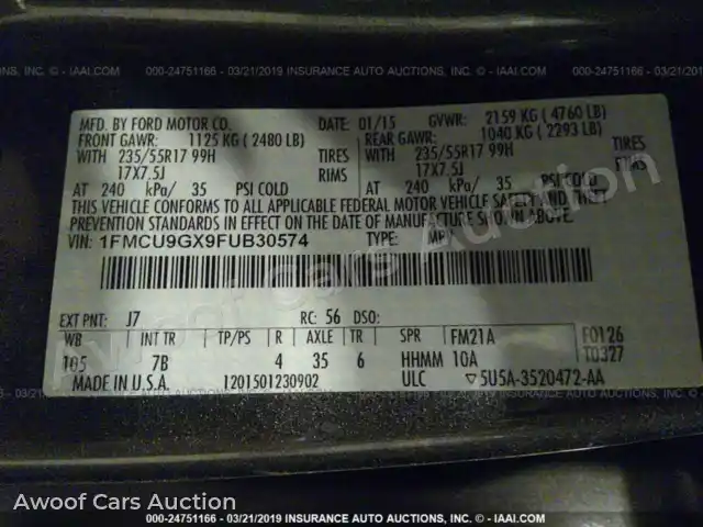 2015 Ford Escape 1FMCU9GX9FUB30574 — Iaai auction photo 9