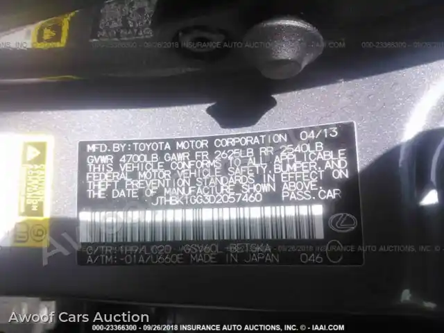 2013 Lexus ES JTHBK1GG3D2057460 — Iaai auction photo 9