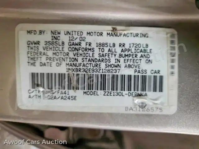 2003 Toyota Corolla 1NXBR32E93Z128237 — hoton gwanjo Copart na 13