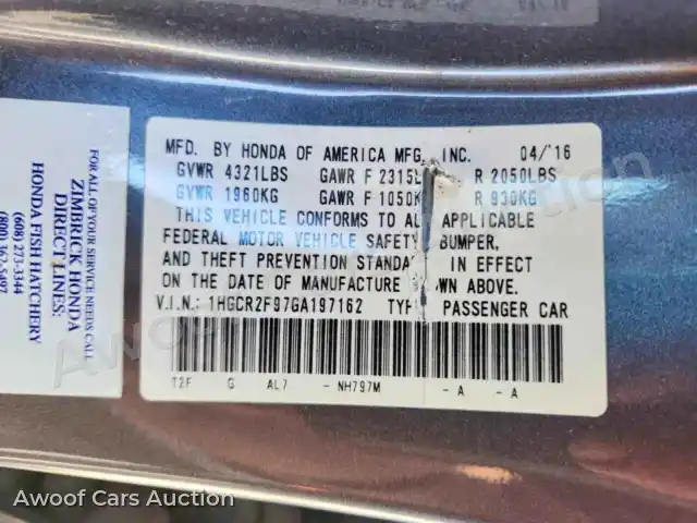 2016 Honda Accord 1HGCR2F97GA197162 — photo 12 de la vente Copart