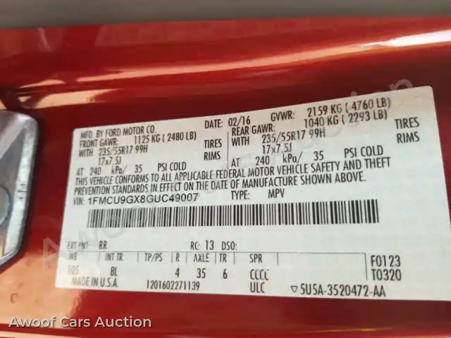 2016 Ford Escape 1FMCU9GX8GUC49007 — Manheim auction photo 6