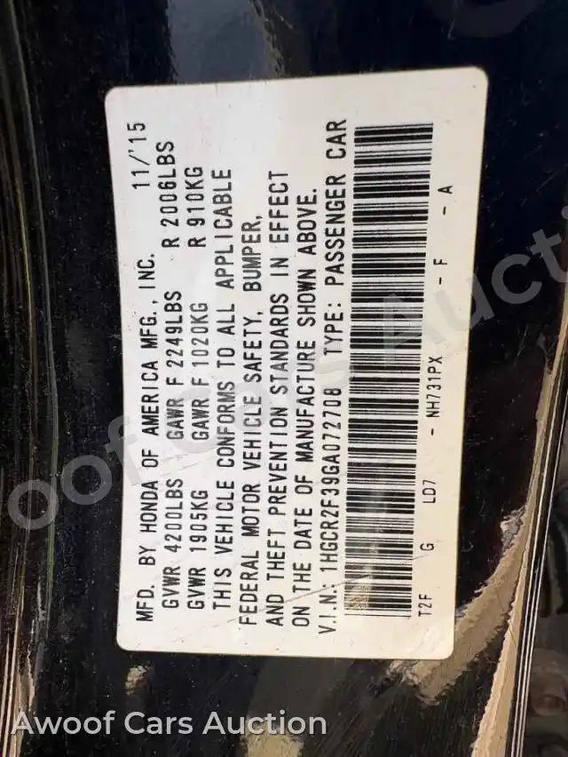 2016 Honda Accord 1HGCR2F39GA072708 — Copart auction photo 10