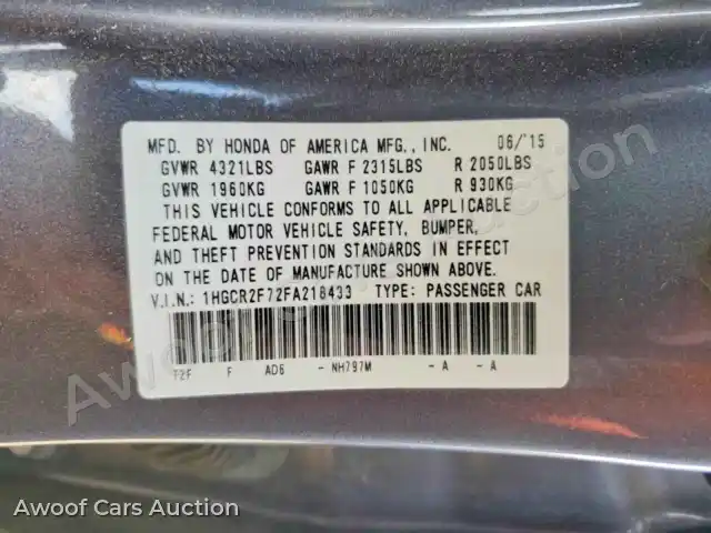 2015 Honda Accord 1HGCR2F72FA218433 — photo 12 de la vente Copart