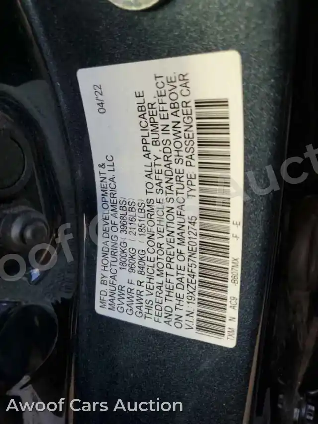 2022 Honda Insight 19XZE4F57NE012745 — photo 13 de la vente Copart