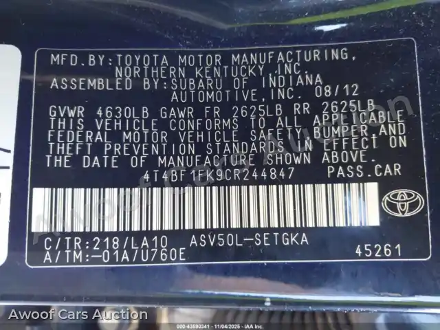 2012 Toyota Camry 4T4BF1FK9CR244847 — Iaai auction photo 9