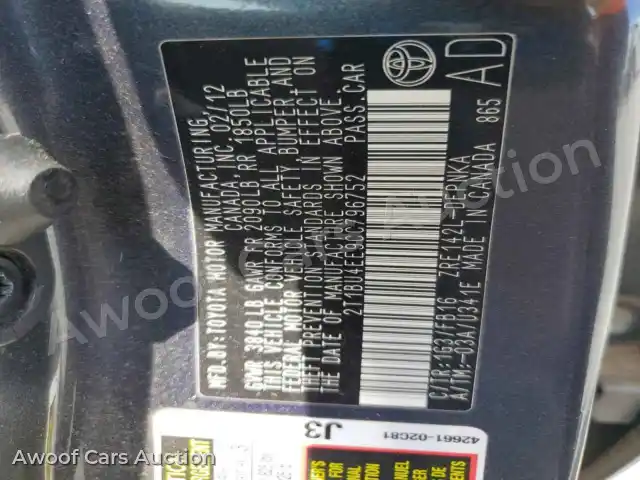 2012 Toyota Corolla 2T1BU4EE9CC796752 — photo 12 de la vente Copart