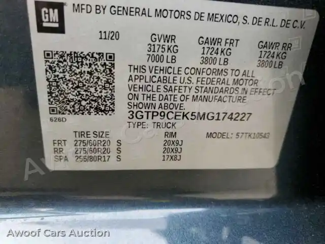 2021 GMC Sierra 3GTP9CEK5MG174227 — hoton gwanjo Copart na 12