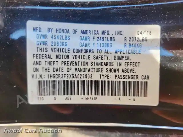 2016 Honda Accord 1HGCR3F9XGA027903 — Copart auction photo 13