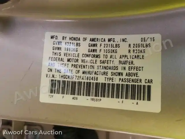 2015 Honda Accord 1HGCR2F72FA180458 — Manheim auction photo 6