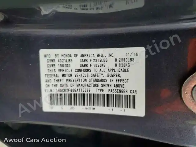 2016 Honda Accord 1HGCR2F86GA116689 — photo 12 de la vente Copart