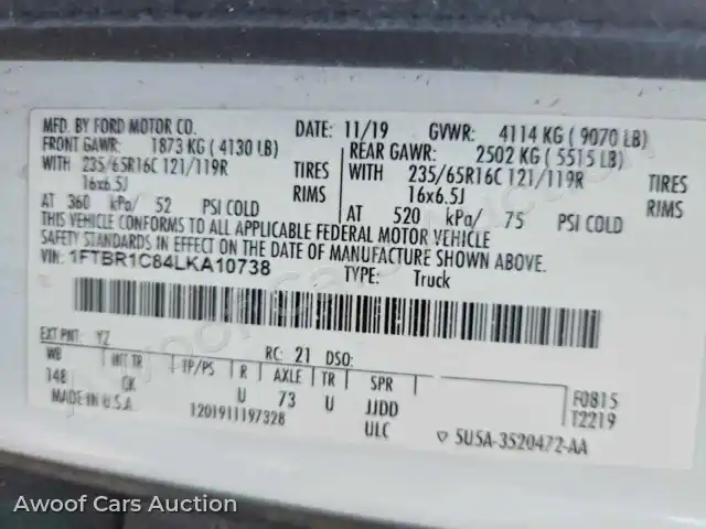 2020 Ford Transit 1FTBR1C84LKA10738 — hoton gwanjo Copart na 13