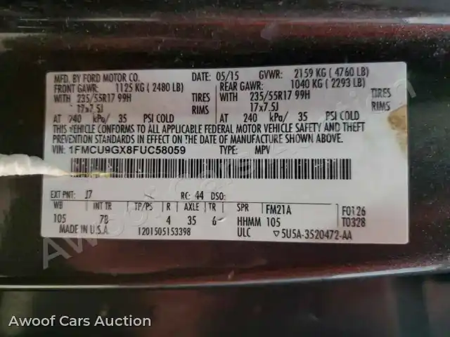 2015 Ford Escape 1FMCU9GX8FUC58059 — Copart auction photo 13
