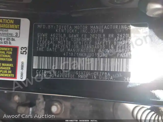 2018 Toyota Camry 4T1BZ1HK9JU015399 — Iaai auction photo 9