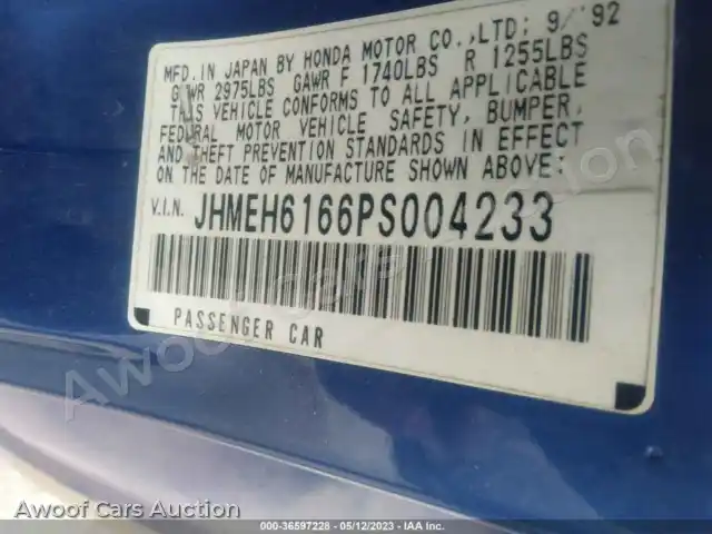 1993 Honda Civic JHMEH6166PS004233 — Iaai auction photo 9