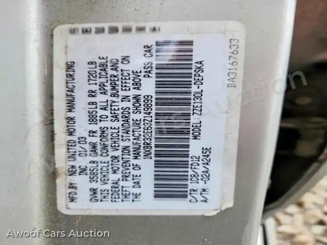 2003 Toyota Corolla 1NXBR32E63Z149899 — hoton gwanjo Copart na 12