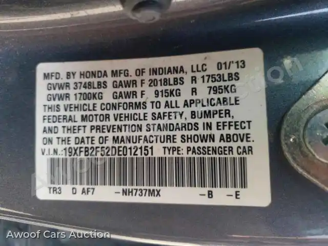 2013 Honda Civic 19XFB2F52DE012151 — Copart auction photo 12