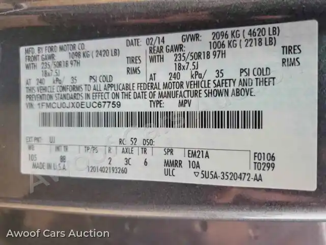 2014 Ford Escape 1FMCU0JX0EUC67759 — Copart auction photo 13