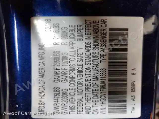 2018 Honda Accord 1HGCV1F96JA113636 — photo 12 de la vente Copart