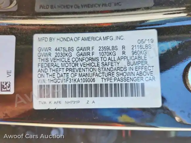 2019 Honda Accord 1HGCV1F31KA109006 — Copart auction photo 13