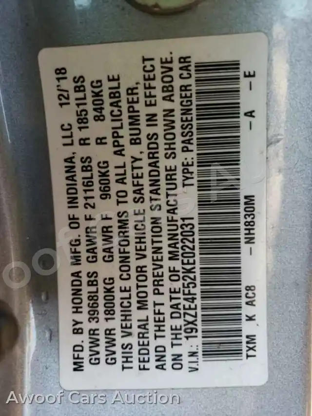2019 Honda Insight 19XZE4F52KE022031 — Copart auction photo 13