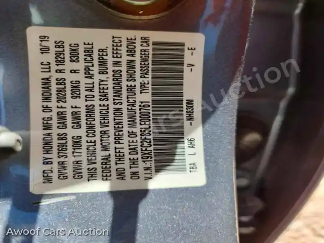 2020 Honda Civic 19XFC2F85LE000761 — Copart auction photo 13
