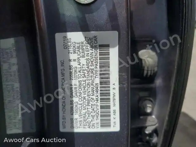 2019 Honda Accord 1HGCV1F14KA146405 — photo 12 de la vente Copart