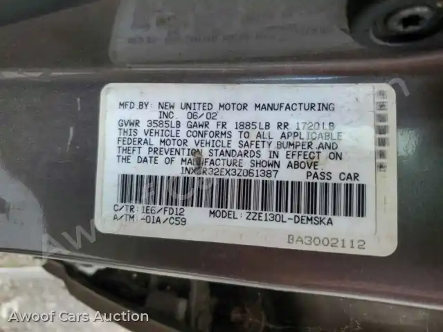 2003 Toyota Corolla 1NXBR32EX3Z061387 — hoton gwanjo Copart na 12