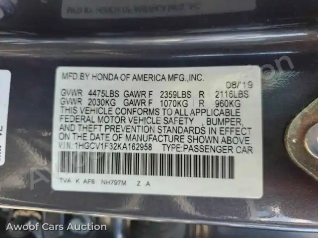 2019 Honda Accord 1HGCV1F32KA162958 — Copart auction photo 13