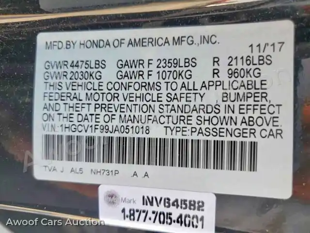 2018 Honda Accord 1HGCV1F99JA051018 — photo 12 de la vente Copart