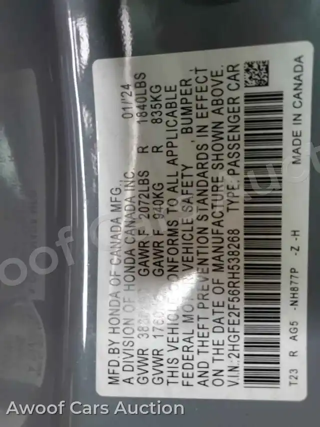 2024 Honda Civic 2HGFE2F56RH538268 — Copart auction photo 12