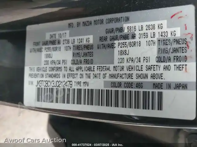 2018 Mazda CX-9 JM3TCBCY3J0212479 — hoton gwanjo Iaai na 9