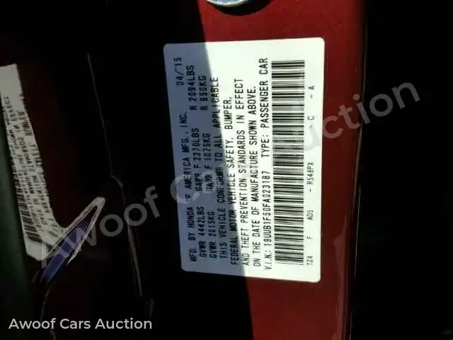 2015 Acura TLX 19UUB1F50FA023187 — Copart auction photo 10
