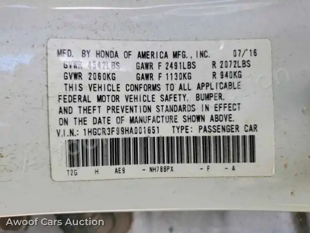 2017 Honda Accord 1HGCR3F99HA001651 — hoton gwanjo Copart na 12