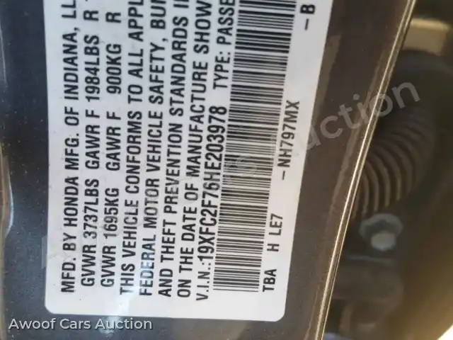 2017 Honda Civic 19XFC2F76HE203978 — Copart auction photo 10