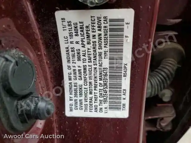 2019 Honda Insight 19XZE4F53KE016478 — Copart auction photo 12