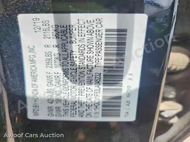 2020 Honda Accord 1HGCV1F53LA045232 — Copart auction photo 12