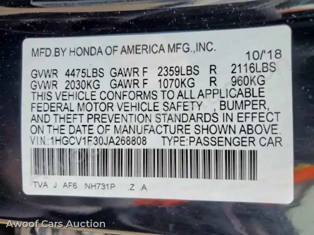 2018 Honda Accord 1HGCV1F30JA268808 — hoton gwanjo Copart na 13