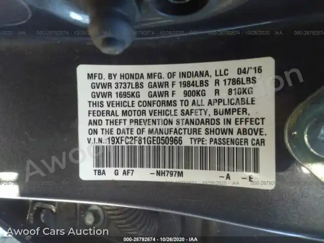 2016 Honda Civic Sedan 19XFC2F81GE050966 — photo 9 de la vente Iaai